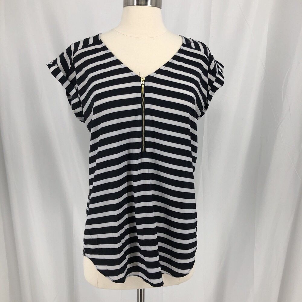 Express Women’s Black White Stripe Chiffon V-Neck Cap Sleeve Half Zip Blouse M